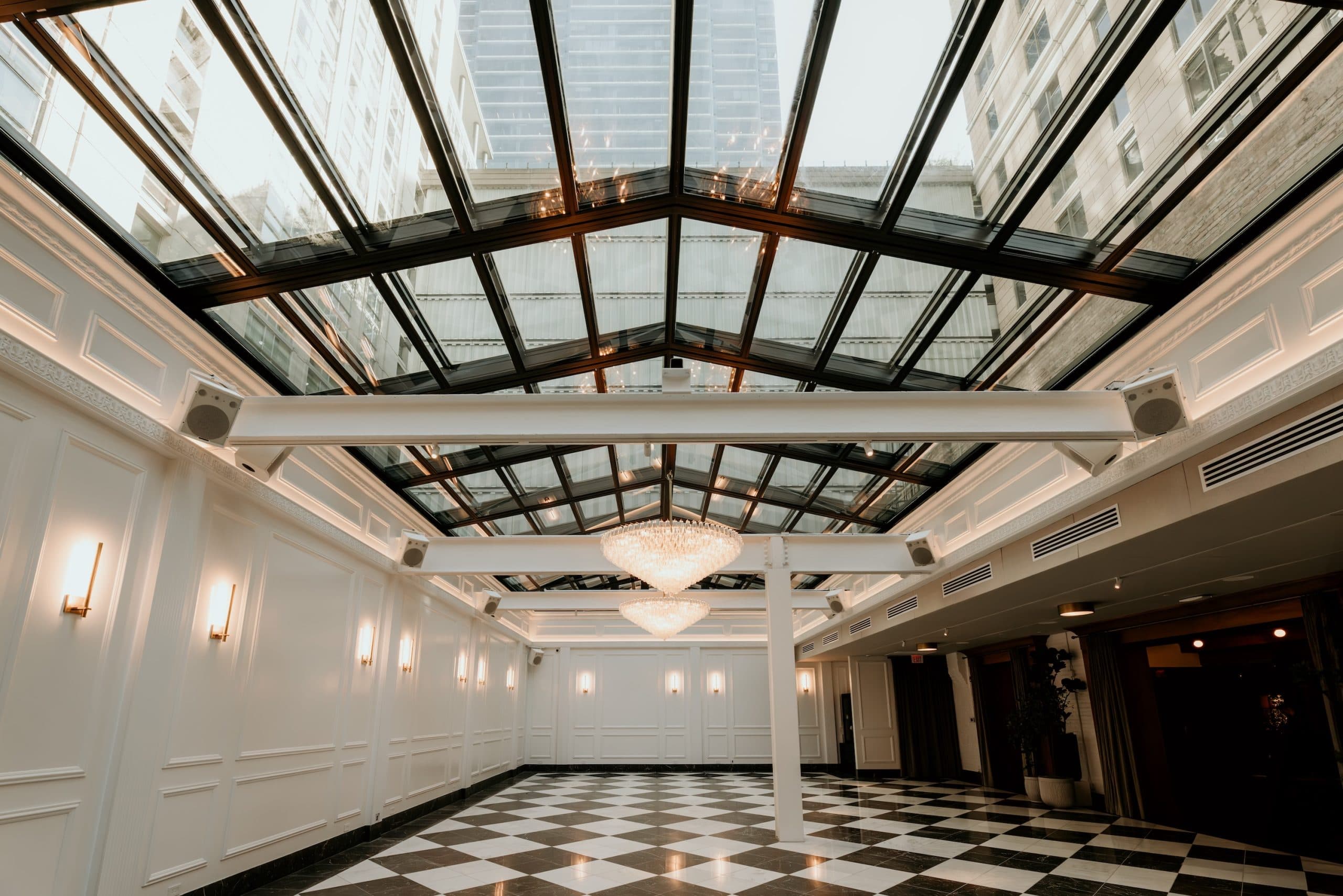 Photo of atrium and harlequin tile floors